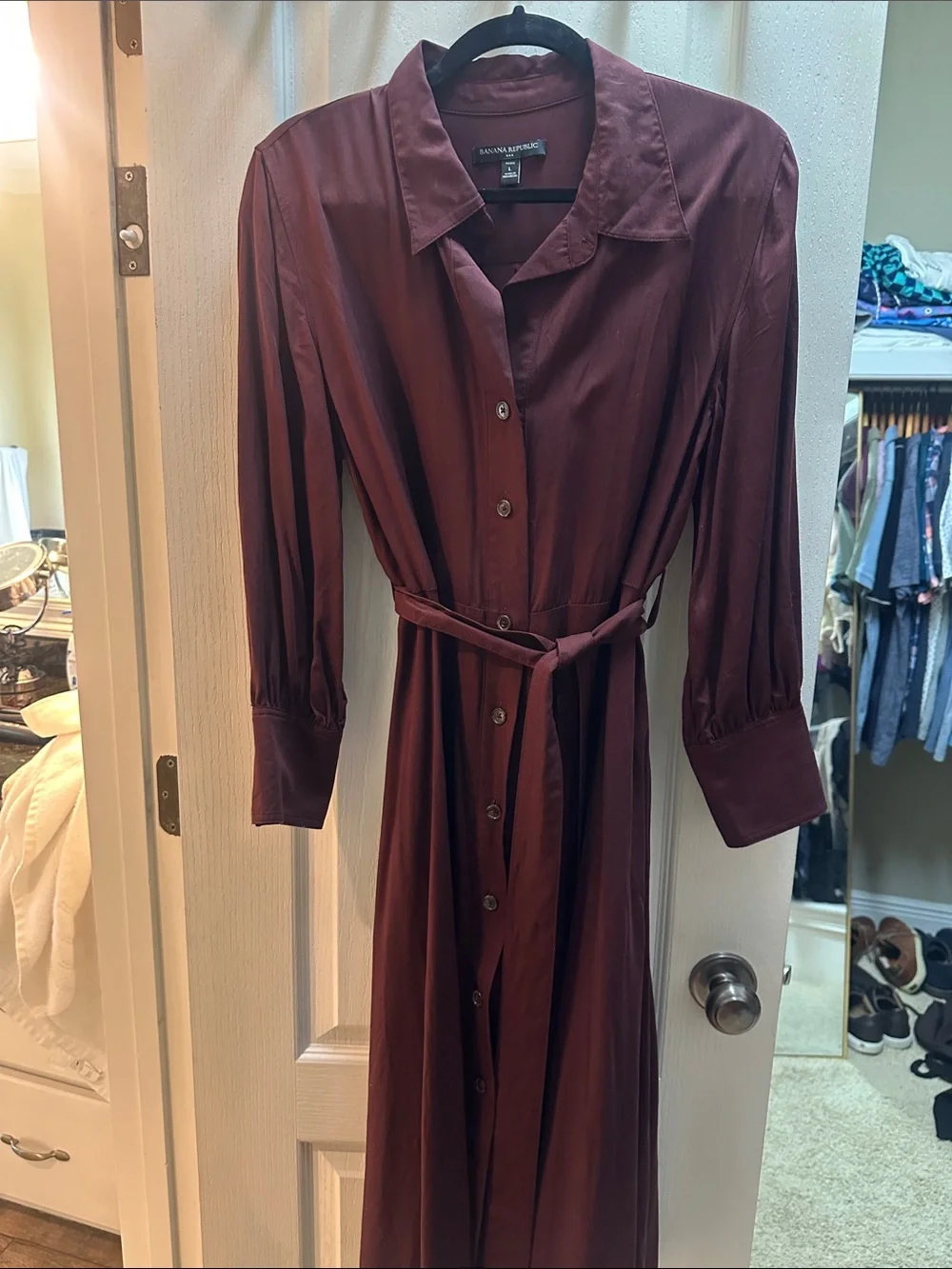 Banana Republic Burgundy Long Sleeve Maxi Shirt Dress